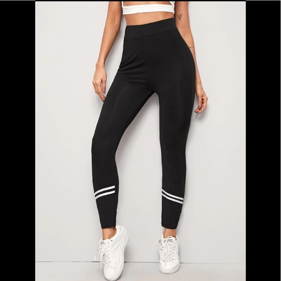 Black W/White Trim High Waist Workout Yoga Running Athletic Legging - Picture 1 of 3